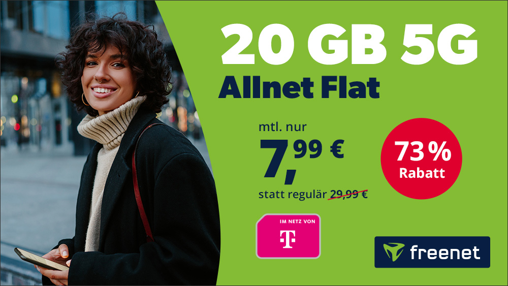 Günstiger Telekom 5G-Tarif: Freenet Allnet Flat 20GB für 7.99 Euro monatlich