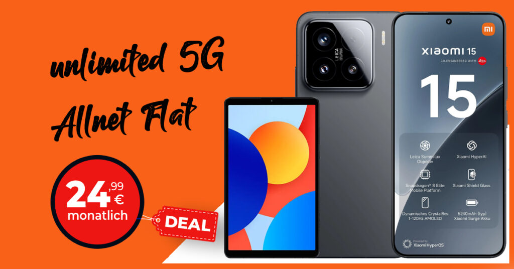 Weekend Deal: Xiaomi 15 + Redmi Pad SE mit Unlimited On Demand Tarif nur 24.99 Euro monatlich
