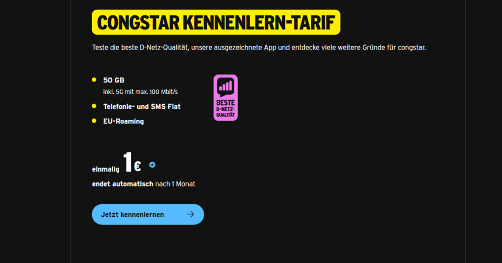 Congstar Kennenlernkarte: 50 GB Datenvolumen im Telekom-Netz für nur 1 €