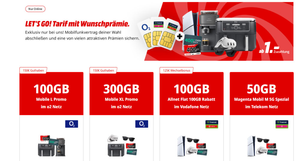 MediaMarkt SIM-Only-Kracher: 100 GB Allnet-Flat im o2-Netz + bis zu 300 € Prämie!