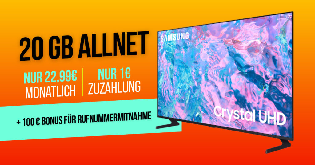 Samsung TV 43 Zoll Crystal UHD 4K mit 20 GB Allnet Flat & 100 € Wechselbonus – nur 22,99 € mtl.!