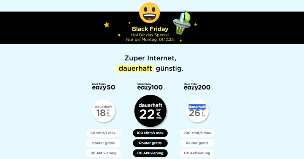 eazy Internet Black Friday Deals 2025 – dauerhaft günstiges Internet im Vodafone-Kabelnetz!