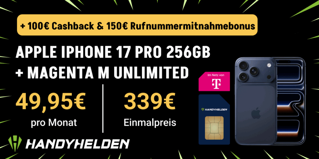 iPhone 17 Pro (256 GB) für einmalig nur 339 € – mit Telekom Unlimited Allnet Flat + 150 € Wechselbonus + 100 € Cashback!
