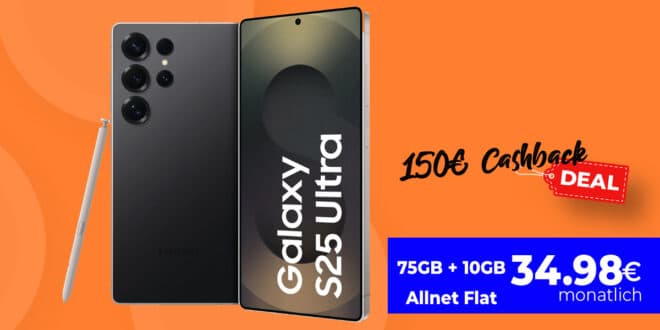 Samsung Galaxy S25 Ultra Hammer-Deal: 149€ Zuzahlung + 75 GB Allnet Flat & 10 GB Extra-SIM – nur 34,98 €/Monat