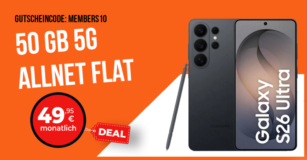 Samsung Galaxy S26 Ultra mit Telekom Vertrag: 50 GB Allnet Flat + 240 € Cashback – nur 49,95 € mtl. (Code: MEMBERS10)