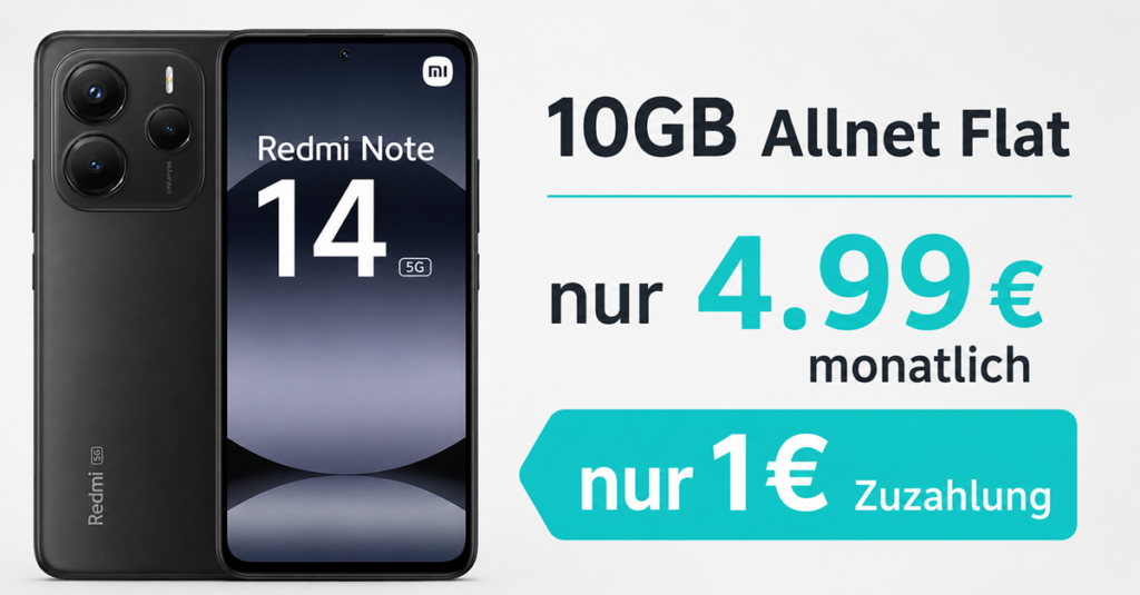 Xiaomi Redmi Note 14 5G für 1 Euro mit 10GB Allnet Flat nur 4.99€ monatlich