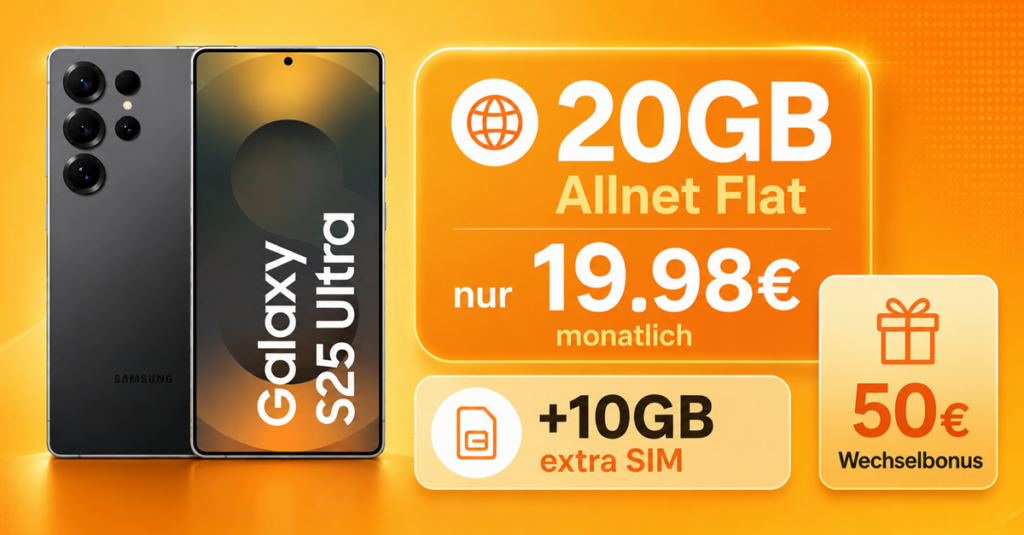 Samsung Galaxy S25 Ultra für einmalig 169 Euro mit 20GB Allnet Flat (+10GB extra SIM) nur 19,98 Euro monatlich