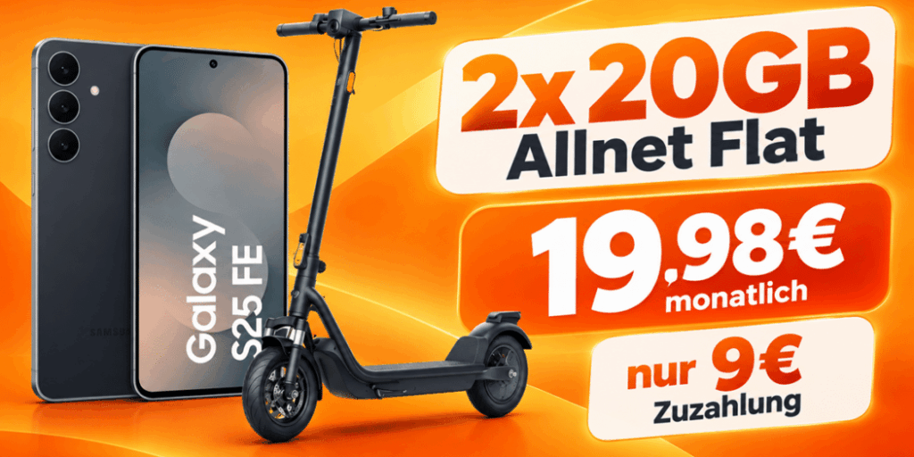 Samsung Galaxy S25 FE + Niu KQi 100F E-Scooter mit 2x 20GB Allnet Flat für nur 19,98 € monatlich