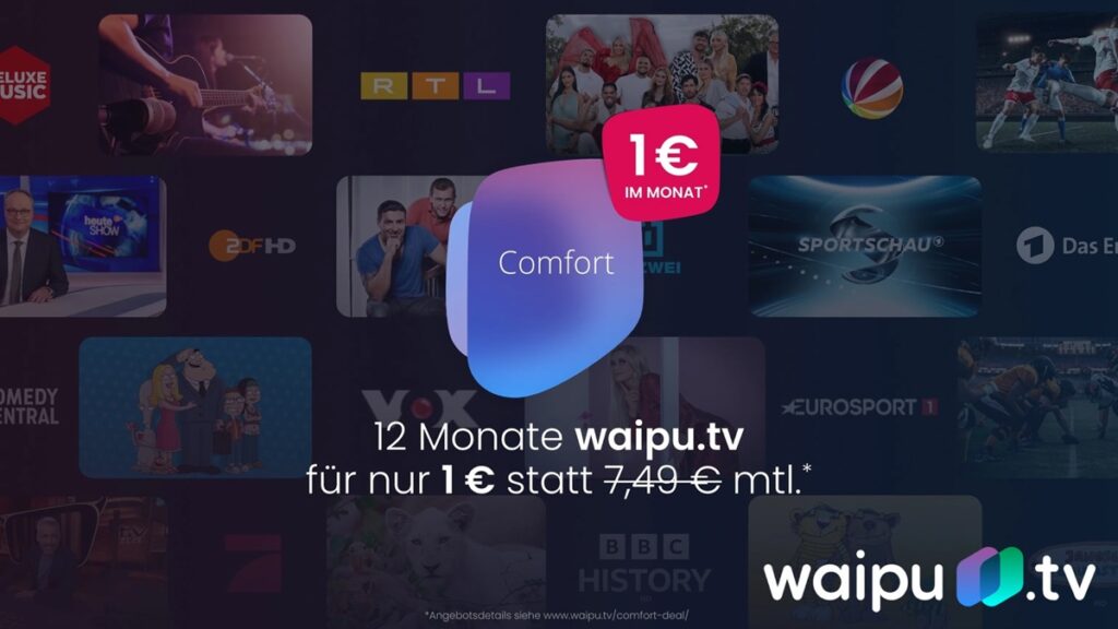 waipu.tv Comfort für nur 1 € monatlich statt 7.49 €