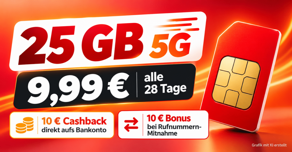 25 GB 5G im Vodafone-Netz für 9,99 € – kostenlose SIM und 10 € Cashback sichern!