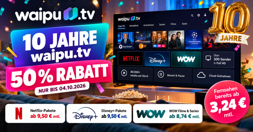 10 Jahre waipu.tv: 50 % Rabatt auf TV-, Netflix-, Disney+- und WOW-Pakete